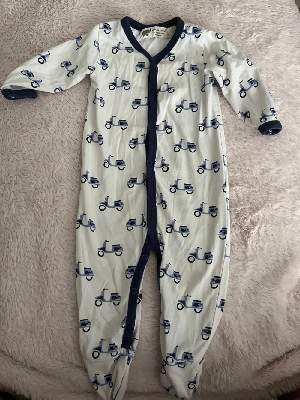 Monica + Andy Baby One-Piece Footed Sleeper in White with Navy Scooter Print
